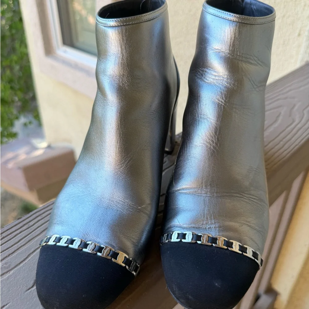Salvatore Ferragamo Metallic Silver and Black Ankle Boots - Picture 1 of 5